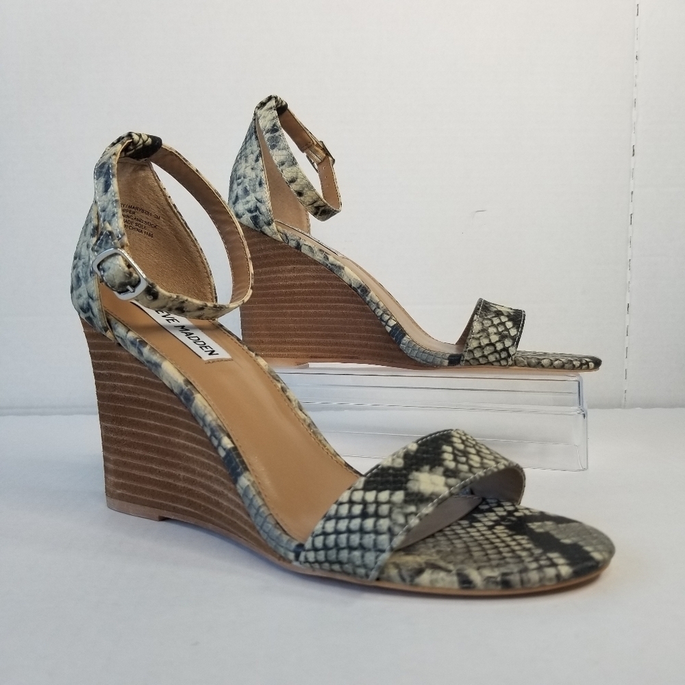Steve Madden Mary Wedge Snake Sandals Minimalist‎ Chic Open Toe Sz 9M